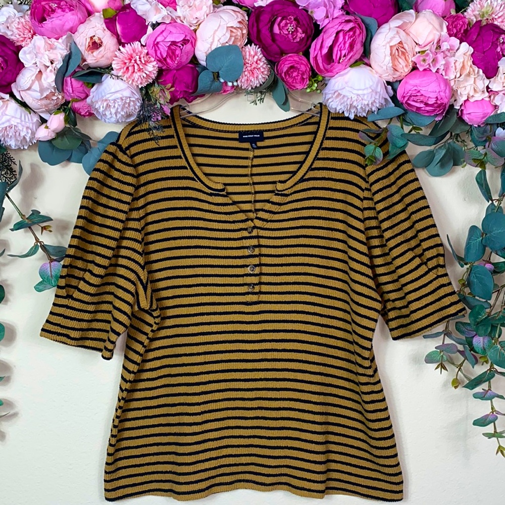 •who what wear• {textured} Black & Ochre [tiger] Striped Puff Sleeve cuffed Top
